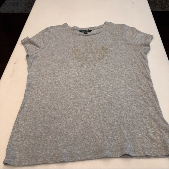 Ralph Lauren Women’s Gray Top / Tee Shirt W/ Silver Studded Logo Sz LP - Picture 7 of 11